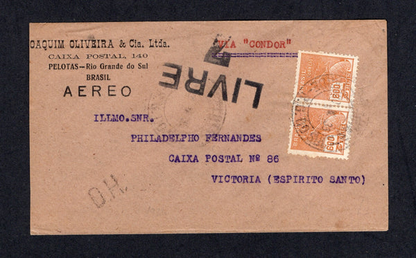 BRAZIL - 1936 - REVOLUTION & CENSORED MAIL: Cover with printed return address of 'Pelotas, Rio Grande do Sul' franked with pair 1920 600rs yellow brown 'Industry' issue (SG 397) tied by light strike of PELOTAS CORREIO AEREO cds dated 20. V. 1936. Sent internally by airmail to VICTORIA, ESPIRITU SANTO with typed 'VIA CONDOR' at top and censored with fine strike of large 'LIVRE 7' cachet in black on front.  (BRA/32575)