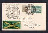 BRAZIL - 1930 - ZEPPELIN: Plain postcard franked with 1920 200rs grey olive 'Industry' issue and 1930 5,000rs green CONDOR issue with 'Graf Zeppelin - USA' overprint (SG 331 & Sanabria #Z6) tied by RIO DE JANEIRO 'Condor' cds dated 24 MAI 1930. Flown on the first 'Sudamerikafahrt' with yellow & green 'By Condor Airmail in Brazil' airmail label and large RECIFE 'Condor' transit cds dated 28 MAI 1930 on front. Addressed to USA with green LAKEHURST 'Zeppelin' cachet and cds on reverse. No message.  (BRA/33809