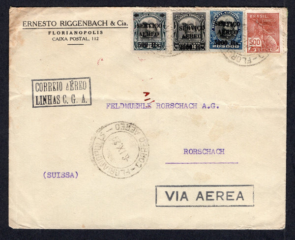 BRAZIL - 1928 - AIRMAIL: Cover franked with 1920 500rs red brown 'Industry' issue and 1929 500rs on 50rs black & slate, 2000rs on 20,000rs black and 5000rs on 20,000rs black & blue 'SERVICIO AEREO' overprint issue (SG 360, 447, 451 & 452) tied by FLORIANOPOLIS cds's dated 6. IX. 1929 with boxed 'CORREIO AEREO LINHAS C.G.A.' marking in black alongside and AEROPOSTAL FLORIANOPOLIS cds in black on reverse. Addressed to SWITZERLAND.  (BRA/38972)