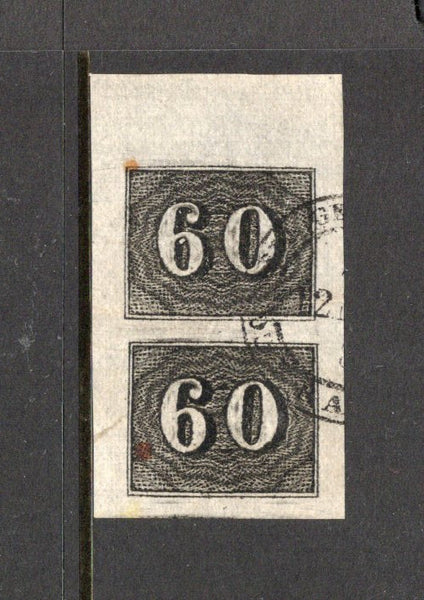 BRAZIL - 1850 - MULTIPLE: 60rs black on greyish paper, a fine cds used pair, with huge margins all round. (SG 20B)  (BRA/42075)