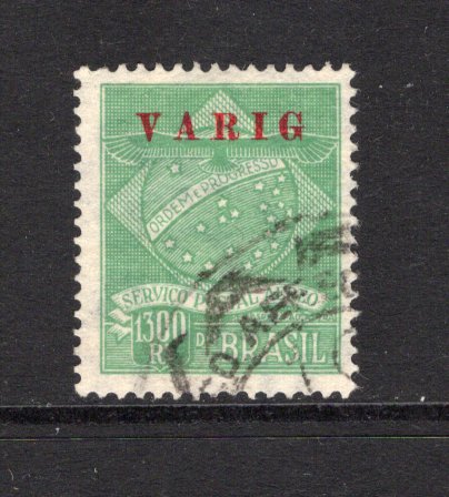 BRAZIL - 1927 - PRIVATE AIRMAIL COMPANIES - VARIG: 1300rs green 'Condor' issue with 'VARIG' overprint in carmine a fine cds used copy. (Sanabria #V2)  (BRA/43034)