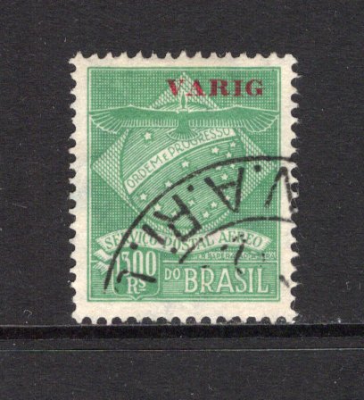 BRAZIL - 1927 - PRIVATE AIRMAIL COMPANIES - VARIG: 1300rs green 'Condor' issue with small 'VARIG' overprint in carmine a fine cds used copy. A scarce stamp only 3650 were printed. (Sanabria #V6)  (BRA/43035)