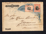 BRAZIL - 1895 - TRAVELLING POST OFFICES & POSTAL STATIONERY: 100rs red & black on grey 'Liberty Head' postal stationery lettercard (H&G A32, with outer perforations removed on two sides) used with added 1894 100rs black & rose 'Liberty Head' issue (SG 150) tied by two strikes of boxed 'AMB TIMBO' marking in black with BAHIA originating cds on reverse dated 18 AGOS 1895. Addressed to GERMANY with arrival cds on reverse. A scarcer TPO marking.  (BRA/43051)