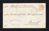 BRAZIL - 1885 - SMALL DOM PEDRO ISSUE: Cover franked with 1882 200rs pale brown small 'Dom Pedro' issue, type 2 (SG 75) tied by dumb 'Cork' cancel with SANTOS cds dated 7 FEV 1885 alongside. Addressed to TRIEST, ITALT with manuscript 'Pr Trent of Lissabon' SHIP endorsement at top. Various transit and arrival marks on reverse. A fine cover.  (BRA/43094)