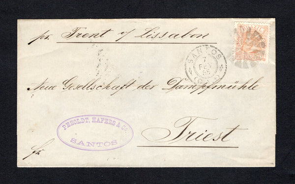 BRAZIL - 1885 - SMALL DOM PEDRO ISSUE: Cover franked with 1882 200rs pale brown small 'Dom Pedro' issue, type 2 (SG 75) tied by dumb 'Cork' cancel with SANTOS cds dated 7 FEV 1885 alongside. Addressed to TRIEST, ITALT with manuscript 'Pr Trent of Lissabon' SHIP endorsement at top. Various transit and arrival marks on reverse. A fine cover.  (BRA/43094)