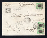 BRAZIL - 1905 - REGISTRATION & AR: Registered AR cover franked with 3 x 1900 300rs black & green 'Liberty Head' issue (SG 248) tied by S. SIMAO (SAO PAULO) cds's dated 5 SET 1905 with manuscript registration number and bosed 'A.R.' handstamp on front. Addressed to GERMANY with transit and arrival cds's on reverse.  (BRA/43097)