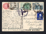 BRAZIL - 1940 - AIRMAIL: 'Boas Festas' LATI Christmas greetings airmail postcard depicting the Lati emblem in white on a blue background franked on message side with 1939 400rs bright ultramarine, 1940 400rs carmine, 400rs grey black, 400rs green and 1200rs blue grey (SG 619, 632 & 636/638) tied by CORREIO AEREO S.PAULO cds's dated 12 XII 1940. Addressed to GERMANY with Nazi censor mark and small LATI numeral markings all on front. A rare card in used condition.  (BRA/43103)