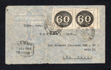 BRAZIL - 1943 - PRIVATE AIRMAIL COMPANIES - VASP: Commercial airmail envelope franked with pair 1943 60rs black 'Bullseye' issue (SG 681) tied by PRACA MAUA cds's (Rio de Janeiro) dated 6 AGO 1943. Addressed to SAO PAULO with large printed black on salmon 'Servicio Postal Rapido VASP' label on reverse and boxed "VASP" 7 AGO 1943 TARDE S.PAULO marking on front. Cover has a few light tones.  (BRA/43104)