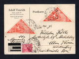 BRAZIL - 1947 - TRIANGLE THEMATIC: Printed commercial postcard datelined 'Petropolis 22.11.1947' on reverse franked with 1941 700rs bright rose and 2 x 1947 40c + 10c red orange 'Triangular' TAX issue (SG 656 & 748) tied by PETROPOLIS cds's dated 23 NOV. Addressed to GERMANY. Nice commercial use.  (BRA43637)