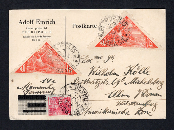 BRAZIL - 1947 - TRIANGLE THEMATIC: Printed commercial postcard datelined 'Petropolis 22.11.1947' on reverse franked with 1941 700rs bright rose and 2 x 1947 40c + 10c red orange 'Triangular' TAX issue (SG 656 & 748) tied by PETROPOLIS cds's dated 23 NOV. Addressed to GERMANY. Nice commercial use.  (BRA43637)