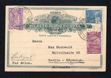 BRAZIL - 1932 - POSTAL STATIONERY: 100rs green on cream postal stationery card (H&G 40) datelined 'Carasinho, 28/3/32' on reverse used with added 1931 400rs ultramarine 'Industry' issue, 1929 500rs purple 'Santos Dumont' issue and 1930 3500rs bright violet AIR issue (SG 395, 472 & 484) tied by PORTO ALEGRE CORR. AEREO cds's dated 1. IV. 1932. Addressed to GERMANY with boxed 'VIA AEROPOSTALE' cachet in red on reverse.  (BRA43798)