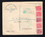 BRAZIL - 1931 - REGISTRATION & CANCELLATION: Registered cover franked with strip of five 1924 200rs rose red 'Industry' issue (SG 357) tied by multiple strikes of CAPELLA SERGIPE cds in green dated 11 MAR 1931 with boxed 'CAPELA' registration marking also in green alongside. Addressed to UK with transit cds's on reverse.  (BRA43806)