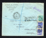 BRAZIL - 1930 - REGISTRATION & CANCELLATION: Registered cover franked with 1930 pair 500rs ultramarine and 1000rs turquoise blue 'Industry' issue (SG 385/386) tied by two fine strikes of AG.AMARRACAO (PIAUHY) cds dated 27 JUL 1930 with boxed registration marking alongside. Addressed to UK.  (BRA43807)