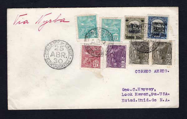 BRAZIL - 1930 - AIRMAIL: Cover with manuscript 'Via Nyrba' in red at top franked with 1920 10rs purple, pair 20rs olive grey, 50rs claret and 2 x 100rs turquoise green 'Industry' issue and 1927 1000rs on 20rs black & olive and 2000rs on 200rs black & blue 'SERVICIO AEREO' overprint issue (SG 302/303, 381/382, 448 & 450) all tied by ITAJAHY S. CATHARINA cds's dated 25 ABR 1930. Addressed to USA with FLORIANOPOLIS CORREO AEREO transit cds on reverse. Nice commercial use of the Nyrba service.  (BRA43810)