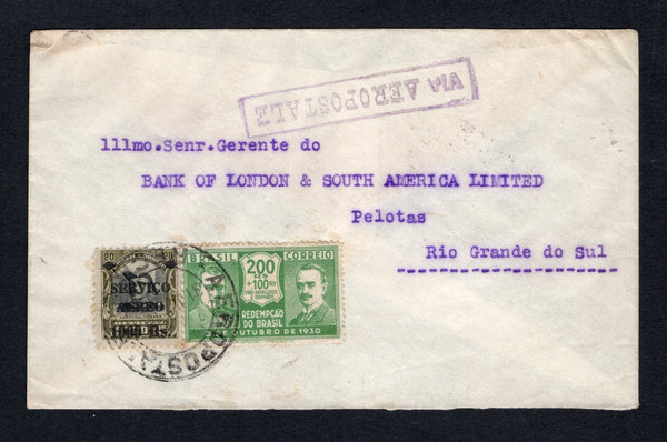 BRAZIL - 1931 - AIRMAIL: Cover franked with 1927 1000rs on 20rs black & olive 'SERVICIO AEREO' overprint issue and 1931 200rs+100rs green 'Revolution of the 3 October 1930' issue (SG 448 & 494) tied by AEROPOSTALE RECIFE cds dated 31 JUL 1931 with boxed 'VIA AEROPOSTALE' cachet in purple on front. Addressed internally to PELOTAS with PELOTAS CORR. AEREO arrival cds on reverse.  (BRA43812)