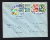 BRAZIL - 1934 - AIRMAIL EXPRESS: Registered Express cover franked with 1929 pair 50rs deep blue green, 1000rs red brown and 2000rs green 'Santos Dumont' AIR issue and 1931 $1+500rs green, scarlet & yellow 'Revolution of 3 October 1930' issue (SG 469, 473, 479 & 500) all tied by two strikes of large oval D.R. DOS CORREIOS E TELEGRAFOS SERVICIO AEREO NATAL RIO GRANDE DO NORTE cancel in purple dated 5 JUN 1934 with boxed 'EXPRESSA' marking alongside with manuscript express number. Addressed to FRANCE with tra