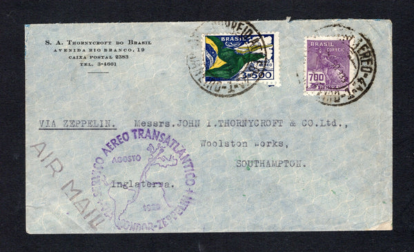 BRAZIL - 1933 - ZEPPELIN: Cover franked with 1931 700rs reddish violet 'Industry' issue and 1933 3500rs blue, green & yellow AIR issue (SG 398 & 530) tied by RIO DE JANEIRO cds's dated 8. VIII. 1933. Flown on the fourth 'Sudamerikafahrt' with circular 'Zeppelin' cachet in purple on front. Addressed to GERMANY with green FRIEDRICHSHAFEN arrival cds on reverse. (Sieger #224A)  (BRA43821)