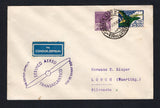 BRAZIL - 1933 - ZEPPELIN: Cover franked with 1920 700rs reddish violet 'Industry' issue and 1933 3500rs blue, green & yellow AIR issue (SG 398 & 530) tied by RIO DE JANEIRO cds dated 7 JUN 1933 with blue & white 'VIA CONDOR ZEPPELIN' airmail label alongside. Flown on the Second 'Sudamerikafahrt' with 'Zeppelin' Propeller cachet in purple on front. Addressed to GERMANY with Friedrichshafen Zeppelin arrival mark in green on reverse. (Sieger #216A)  (BRA43822)
