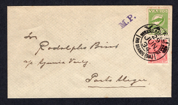 BRAZIL - 1934 - PRIVATE AIRMAIL COMPANIES - VARIG: Commercial cover franked with 1920 300rs rose red 'Industry' issue plus 1934 350rs yellow green VARIG issue (SG 333 & Sanabria #V37) tied by RIO GRANDE (SUL) VARIG cds dated 29 JUN 1934. Addressed to PORTO ALEGRE with VARIG arrival cds on reverse.  (BRA/438)