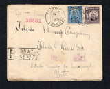 BRAZIL - 1916 - CANCELLATION & REGISTRATION: Registered cover franked with 1906 200rs bright ultramarine and 500rs deep violet (SG 266 & 269) tied by two fine strikes of TURVO (MINAS) cds dated 16 OUT 1916 with handstruck registration marking alongside. Addressed to USA with transit & arrival marks on reverse.  (BRA44184)