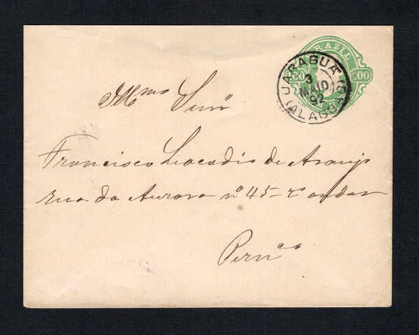 BRAZIL - 1892 - POSTAL STATIONERY & CANCELLATION: 100rs green on cream laid paper 'Dom Pedro' postal stationery envelope (H&G B5a) used with fine strike of JARAGUA (ALAGOAS) cds dated 3 MAIO 1892. Addressed to PERNAMBUCO with arrival cds on reverse. Backflap missing.  (BRA44187)