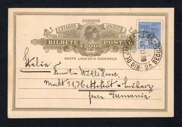 BRAZIL - 1939 - POSTAL STATIONERY: 200rs olive brown on cream postal stationery card (H&G 41) used with added 1931 400rs ultramarine 'Industry' issue (SG 395) tied by RIO DE JANEIRO cds dated 6 IX 1939. Addressed to GERMANY.  (BRA44197)