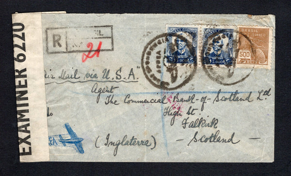 BRAZIL - 1941 - AIRMAIL & CANCELLATION: Registered censored airmail cover franked with 1931 500rs red brown 'Industry' issue and pair 1929 5000rs violet blue 'Ruy Barbossa' issue (SG 416 & 465) tied by tow strikes of the undated CORRESPONDENCIA AEREA VIA NYRBA illustrated 'Airplane' cancel in black with boxed registration marking alongside. Addressed to UK, censored with printed black on white 'OPENED BY CENSOR 6220' PC90 censor strip at left and transit & arrival marks on reverse. This cancel was original