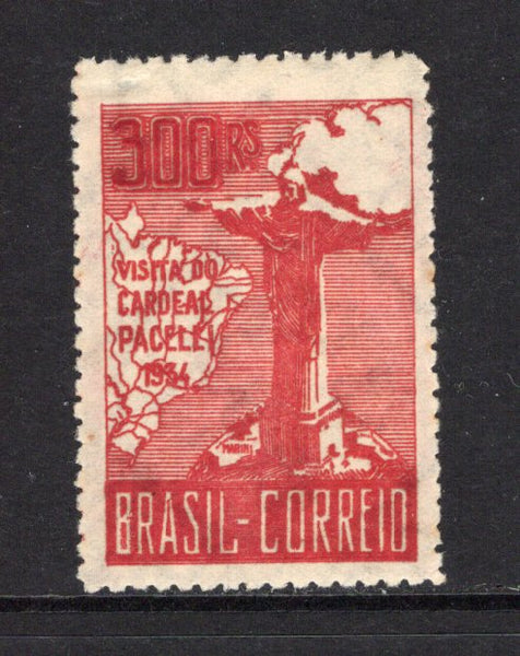 BRAZIL - 1934 - COMMEMORATIVES: 300rs deep scarlet 'Visit of Cardinal Pacelli' issue, from the 'First Printing' showing the very deep shade, a fine mint copy. Very scarce. (SG 559, RHM #C78)  (BRA44300)