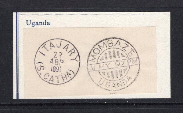BRAZIL - 1890 - FORGERY: Large piece cut from the Fournier Forgery Album headed 'Uganda' with cut out featuring Brazilian ITAJARY (S.CATHA) cds dated 23 ABR 1891 and Ugandan MOMBAZE UGANDA cds dated 31 MY 97.  (BRA44301)