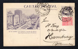 BRAZIL - 1934 - POSTAL STATIONERY: 100r dull violet on grey white 'Exposition' postal stationery view card (H&G 43) with view: 'Rio de Janeiro: Praca Floriano e Avenida Rio Branco' used with added 1920 300rs rose red 'Industry' issue (SG 384) tied by NITEROI 4A SECCAO 2A T- DIA cds dated 3.VIII.1934. Addressed to GERMANY with full commercial message on reverse. A rare card in used condition.  (BRA44325)