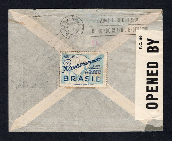 BRAZIL - 1941 - CINDERELLA & CENSORED MAIL: Airmail cover franked with single 1940 400rs blue (SG 631) tied by CAXIAS R.G.SUL cds dated 28 III 1941. Addressed to COSTA RICA and censored in transit in Trinidad with 'OPENED BY EXAMINER 6039' P.C.90 censor strip at left with 'APR 18 1941' date handstamp in purple. The cover has a fine blue & dark blue perforated MAP 'Census' Cinderella label on reverse inscribed 'Auxilie o Recenseamento. Eleve ainda mais o Rio Grande no conceito do Brasil'. RIO DE JANEIRO tra