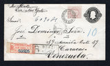 BRAZIL - 1890 - REGISTRATION & DESTINATION: 200rs black 'Dom Pedro' postal stationery envelope (H&G B2) with manuscript 'Per 'Plato' Via New York' ship endorsement at top used with added 1882 200rs mauve pink 'Small Dom Pedro' issue (SG 75ba) tied by RIO DE JANEIRO cds dated 12 FEV 1890 with boxed registration handstamp alongside. Addressed to VENEZUELA routed via the USA with 'NY EXCHANGE' registration label added on front and oval NEW YORK REG'Y DIV markings on reverse.. A superb cover.  (BRA44397)