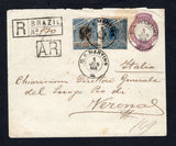 BRAZIL - 1905 - REGISTRATION & AR: 200rs violet postal stationery envelope (H&G B17) used with added 1900 200rs deep blue and 500rs black & blue 'Liberty Head' issue (SG 247a & 249) tied by multiple strikes of C. S. MARTINS cds dated 5 JUN 1905 of the village of SILVEIRA MARTINS with boxed registration and boxed 'A.R.' markings alongside. Addressed to ITALY with RIO GRANDE DO SUL transit cds and Italian arrival cds on reverse. A scarcer origination.  (BRA44482)
