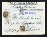 BRAZIL - 1908 - TRAVELLING POST OFFICES: Cover with Sao Paulo company imprint at top franked with 2 x 1906 300rs sepia (SG 267) tied by multiple strikes of AMBTE 2o TREM-PAULISTA (2AT) cds dated 10 FEV 1908. Addressed to ITALY with arrival cds on reverse.  (BRA44484)