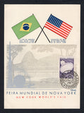 BRAZIL - 1940 - COMMEMORATIVE ISSUE: Printed 'Feira Mundial de Nova York, New York World's Fair' commemorative card showing the crossed Flags of Brazil and the USA franked with 1940 1m dull violet 'New York World's Fair' issue (SG 633) tied by 2A SEC-EXPRESSAS D.F. BRASIL cds dated 30 OUT 1940 the first day of issue. A very scarce item.  (BRA44975)