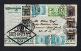 BRAZIL - 1931 - FIRST FLIGHT: Airmail cover franked with 1927 pair 50rs on 10rs black & slate and strip of three 300rs on 600rs black & reddish violet AIR overprint issue, 1929 3 x 300rs light blue 'Santos Dumont' AIR issue and 1931 200rs + 100rs green 'Revolution' issue (SG 441, 446, 471 & 494) all tied by CORREIO AEREO RIO cds's dated 4.VIII 1931 with large diamond 'DOX PREMEIRO VOO EUROPA - AMERICA DO SUL ESTADOS UNIDOS 1931' first flight cachet in black on front. Flown on the Rio de Janeiro - Northern 