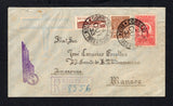 BRAZIL - 1933 - FIRST FLIGHT & AMAZON MAIL: Registered airmail cover franked with 1920 500rs red brown, 1929 5000rs carmine red 'Santos Dumont' AIR issue and 1933 100rs brown TAX issue on front (SG 396, 480 & 539) tied by BELEM - PARA cds's dated 24 OUT 1933 and 1932 100rs olive black (SG 514) on reverse tied by airmail cachet in black. Flown on the Panair do Brazil Belem - Manaos first flight with boxed registration marking in purple on front and winged 'Map' first flight cachet in purple inscribed 'PRIME