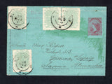 BRAZIL - 1892 - POSTAL STATIONERY & SOUTHERN CROSS ISSUE: 80rs red and yellow green on green 'Liberty' postal stationery lettercard (H&G A18 with right hand perforations removed) used with added 4 x 1890 20rs dull green 'Southern Cross' issue (SG 88a) all tied by multiple strikes of SAO LEOPOLDO cds dated 16 AGO 1892. Addressed to GERMANY with PORTO ALEGRE and RIO DE JANEIRO transit cds's and German arrival cds on reverse. A superb franking.  (BRA45498)