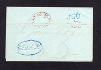 BRAZIL - 1850 - MARITIME & DISINFECTED MAIL: Cover from BAHIA with '160' reis rate marking in blue. Addressed to PORTO, PORTUGAL with oval 'LEY DE 20/4 50 5' 5% tax marking in red and lovely strike of oval 'C. EST. DE N.' (Foreign Letter by Ship) marking in blue.  The cover has two DISINFECTION slits and blue boxed '19 LISBOA 7' transit mark on reverse. Very attractive.  (BRA/8137)