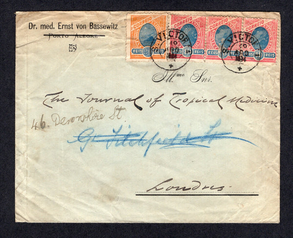 BRAZIL - 1904 - CANCELLATION: Cover franked with strip of three 1900 10rs blue & rose and single 20rs orange & blue 'Sugarloaf' issue (SG 243/244) tied by two fine strikes of S. VICTORIA cds dated 19 AGO 1904. Addressed to UK with arrival cds on reverse.  (BRA/8148)