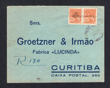 BRAZIL - 1938 - REGISTRATION & CANCELLATION: Registered cover franked with 1920 pair 600rs yellow brown 'Industry' issue (SG 397) applied slightly over the originating cds of BOCAINA (S.CATH) in purple, the stamps themselves are cancelled by a fine 'BOCAINA' manuscript cancel with manuscript registration marking alongside. Addressed to CURITYBA with transit and arrival marks on reverse. Rare.  (BRA/8197)