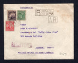 BRAZIL - 1916 - REGISTRATION, AR & CANCELLATION: Registered cover franked with 1906 50rs grey green, 100rs rose red & 500rs deep violet (SG 262, 264 & 269) tied by BARRANCO BRANCO (M. GROSSO) cds with boxed registration marking and boxed 'A.R.' marking all on front. Addressed to USA with many transit and arrival marks on reverse.  (BRA/8199)