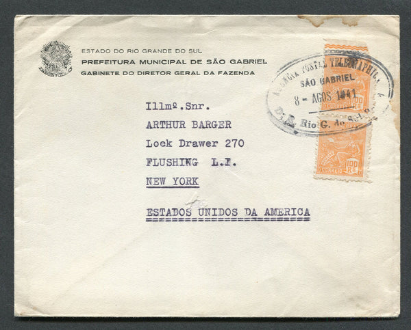 BRAZIL - 1941 - CANCELLATION: Headed 'Estado do Rio Grande do Sul, Prefeitura Municipal de Sao Gabriel, Gabinete do Diretor Geral da Fazenda' official cover franked with pair 1920 100rs yellow orange 'Industry' issue (SG 404) tied by large oval AGENCIA POSTAL TELEGRAPHICA SAO GABRIEL RIO G. DO SUL in black cancel dated 8 AGOS 1941. Addressed to USA.  (BRA/8202)
