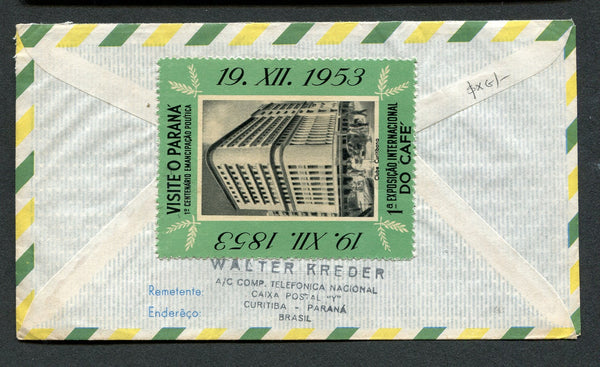 BRAZIL - 1955 - CINDERELLA: Registered airmail cover franked with 1954 4cr 20c orange red, 40c purple brown & 1cr 40c deep orange red and 1955 60c deep brown orange (SG 907, 911, 916 & 920) tied by light CURITYBA cds's. Addressed to GERMANY with lovely large black & green 'Visite o Parana 1st Centenario Emancipacao Politica 19 XII 1953 1st Exposicao Internacional do CAFE' CINDERELLA label with view of 'Clube Curitibano' on reverse. Very attractive.  (BRA/8206)