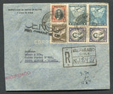 BRAZIL - 1937 - REVOLUTION & CENSORED MAIL: Incoming registered airmail cover from CHILE franked with 1929 pair 40c black & violet 'Presidente' issue, 20c black & orange red 'Presidente' AIR overprint issue and 1934 50c sepia, 1p bluish slate and 2p light blue 'International' AIR issue (SG 186, 213, 240 & 244/245) tied by VALPARAISO cds's dated 8 NOV 1937 with boxed registration marking alongside. Addressed to PORTO ALEGRE with large 'CENSURA RIO GRANDE DO SUL' censor handstamp in black on front. Transit a