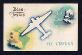 BRAZIL - 1937 - AIRMAIL: 'Boas Festas Via Condor' CONDOR LUFHANSA Christmas greetings airmail postcard depicting outline of a plane and scenes & maps of Europe and South America. Fine unused.  (BRA/8241)