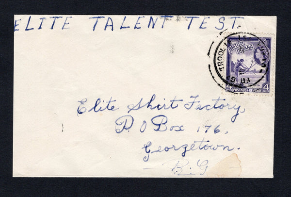 BRITISH GUIANA - 1959 - CANCELLATION & ISLAND MAIL: Commercial cover franked with single 1954 4c violet QE2 issue (SG 334) tied by GT TROOLIE ISLAND 'Skeleton' cds dated 10 APR 1959. Addressed to GEORGETOWN with arrival cds on reverse. A very scarce origination from this tiny Island in the Essequibo river.  (BRG/42963)