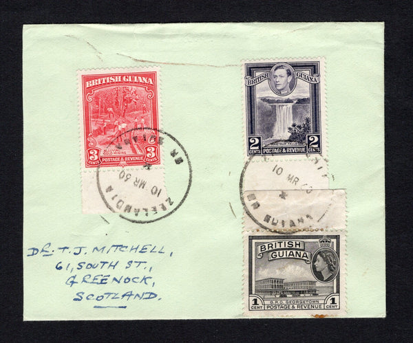 BRITISH GUIANA - 1960 - CANCELLATION & ISLAND MAIL: Cover franked with 1934 3c scarlet, 1938 2c slate violet and 1954 1c black (SG 290, 309 & 331) tied by two strikes of ZEELANDIA 'Skeleton' cds dated 10 MR 1960. Addressed to UK with WAKENAAM transit cds on reverse. Zeelandia was a small postal agency on the island of Wakenaam in the Essequibo river. A very scarce origination.  (BRG/42964)