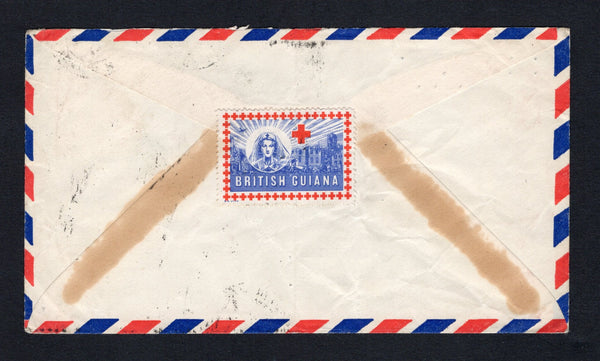 BRITISH GUIANA - 1941 - CINDERELLA: Airmail cover franked with single 1938 96c purple GVI issue (SG 316) tied by AIRMAIL G.P.O. cds dated 2 NO 1941 with fine second strike alongside. Addressed to UK with fine blue & red illustrated Red Cross CINDERELLA label inscribed 'British Guiana' depicting a bombed street scene and Nurses head on reverse.  (BRG/43255)