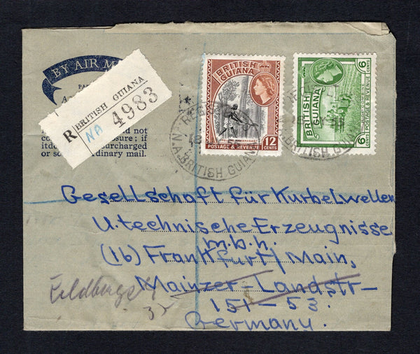 BRITISH GUIANA - 1955 - CANCELLATION & REGISTRATION: Printed blue on grey airletter with 'Waterfall' view on reverse, the same as the QE2 postal stationery version (H&G FG11) used with 1954 6c yellow green and 12c black & reddish brown QE2 issue (SG 336 & 338) tied by oval REGISTERED N.A.BRITISH GUIANA cancels dated 18JY 1955 with printed black & white registration label alongside with 'NA' added in blue manuscript. Addressed to GERMANY with arrival cds on reverse.  (BRG43653)